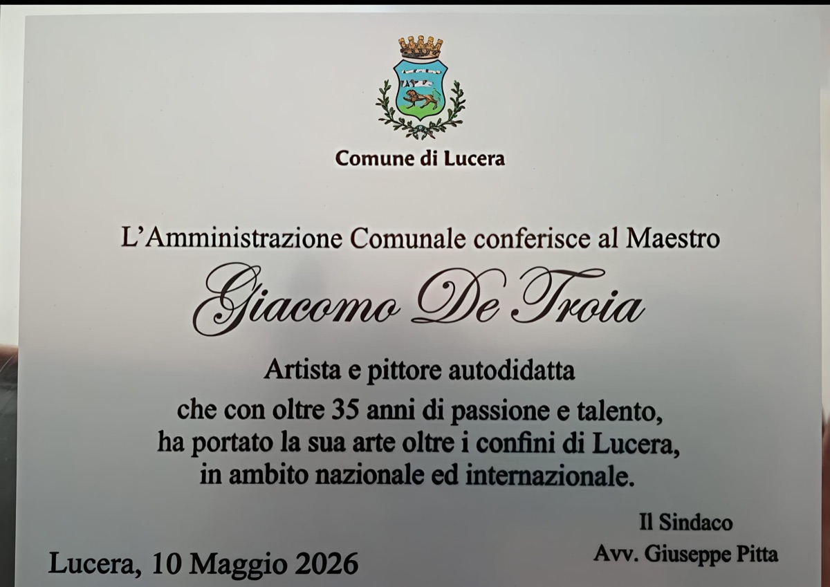 Targa del Comune di Lucera al Maestro Giacomo De Troia — Lucera, 10 Maggio 2026
